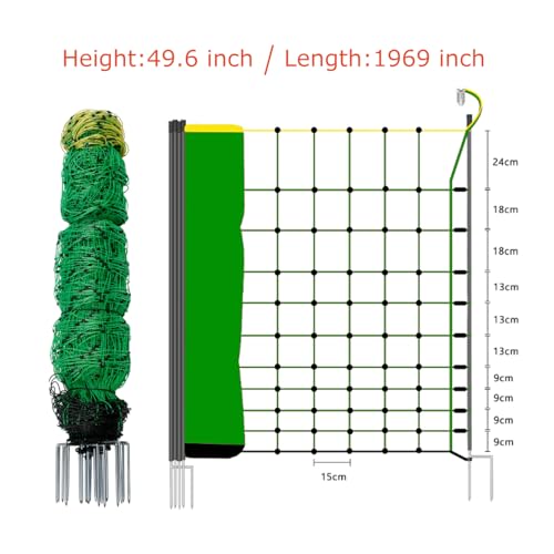 Electric Fence Netting for Livestock – 126cm x 50m Portable Electric Mesh Fence with Fiberglass Posts & Steel Spikes