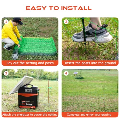 Electric Fence Netting for Livestock – 126cm x 50m Portable Electric Mesh Fence with Fiberglass Posts & Steel Spikes