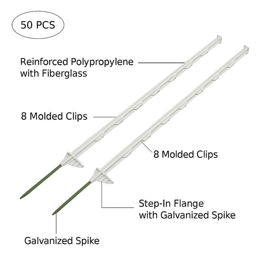 50-Pack 48" Step-in Fence Posts with Clips – Reinforced Poly & Galvanized Steel Spike for Electric Fence Wire & Tape (Livestock, Garden, Farm Use)