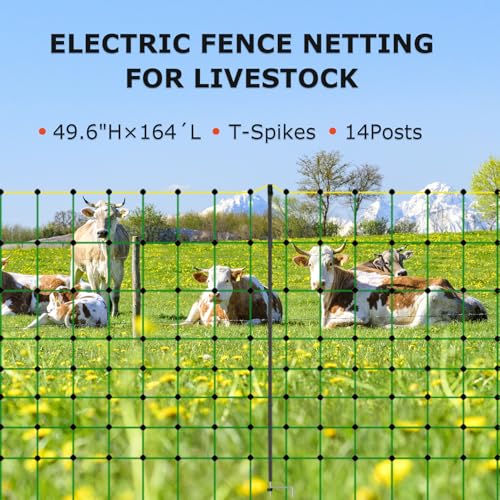 Electric Fence Netting for Livestock – 126cm x 50m Portable Electric Mesh Fence with Fiberglass Posts & Steel Spikes
