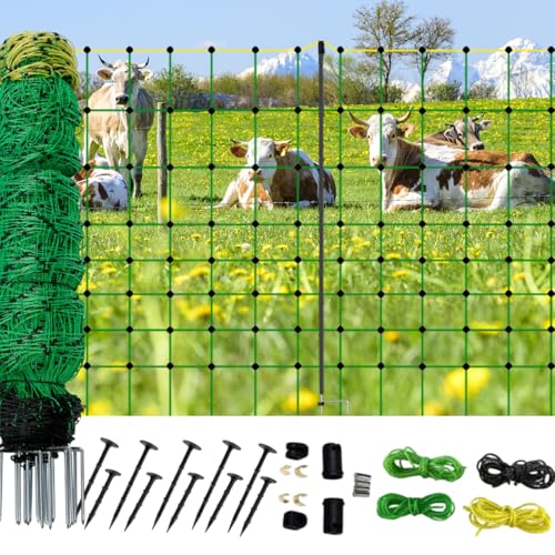 Electric Fence Netting for Livestock – 126cm x 50m Portable Electric Mesh Fence with Fiberglass Posts & Steel Spikes