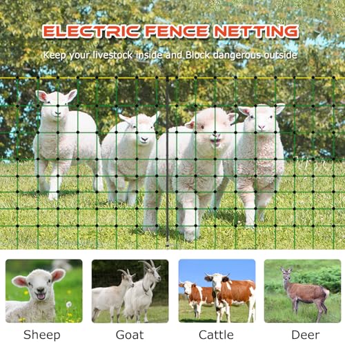 Electric Fence Netting for Livestock – 126cm x 50m Portable Electric Mesh Fence with Fiberglass Posts & Steel Spikes