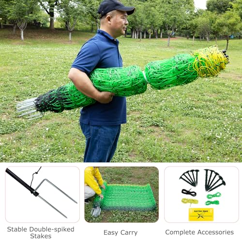 Electric Fence Netting for Livestock – 126cm x 50m Portable Electric Mesh Fence with Fiberglass Posts & Steel Spikes