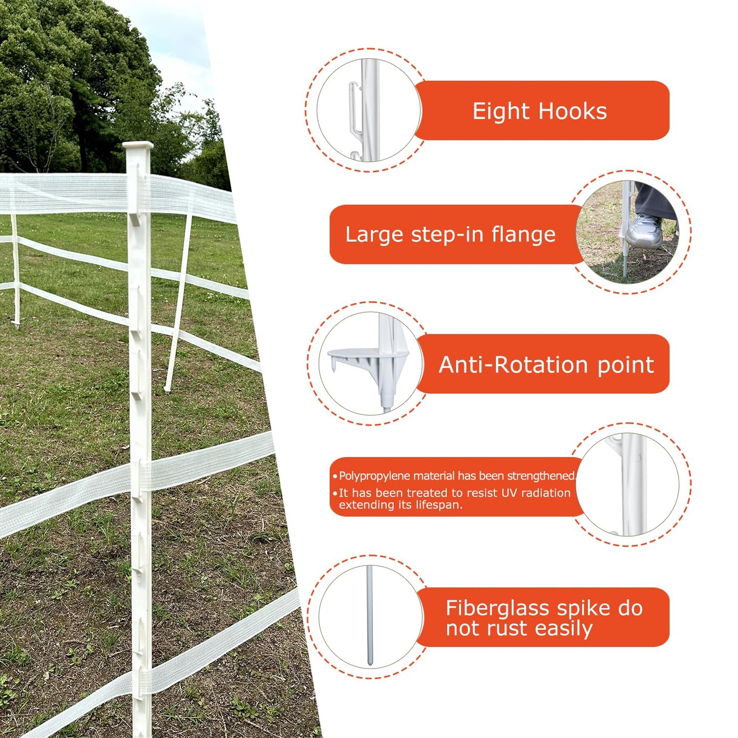 50-Pack 48" Step-in Fence Posts with Clips – Reinforced Poly & Galvanized Steel Spike for Electric Fence Wire & Tape (Livestock, Garden, Farm Use)