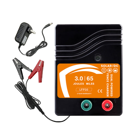 Electric Fence Charger – 3.0 Joule Dual DC/Solar Powered Fence Energizer for Livestock, Cattle & Predator Control (65 Mile Range, LFP 30 Technology)