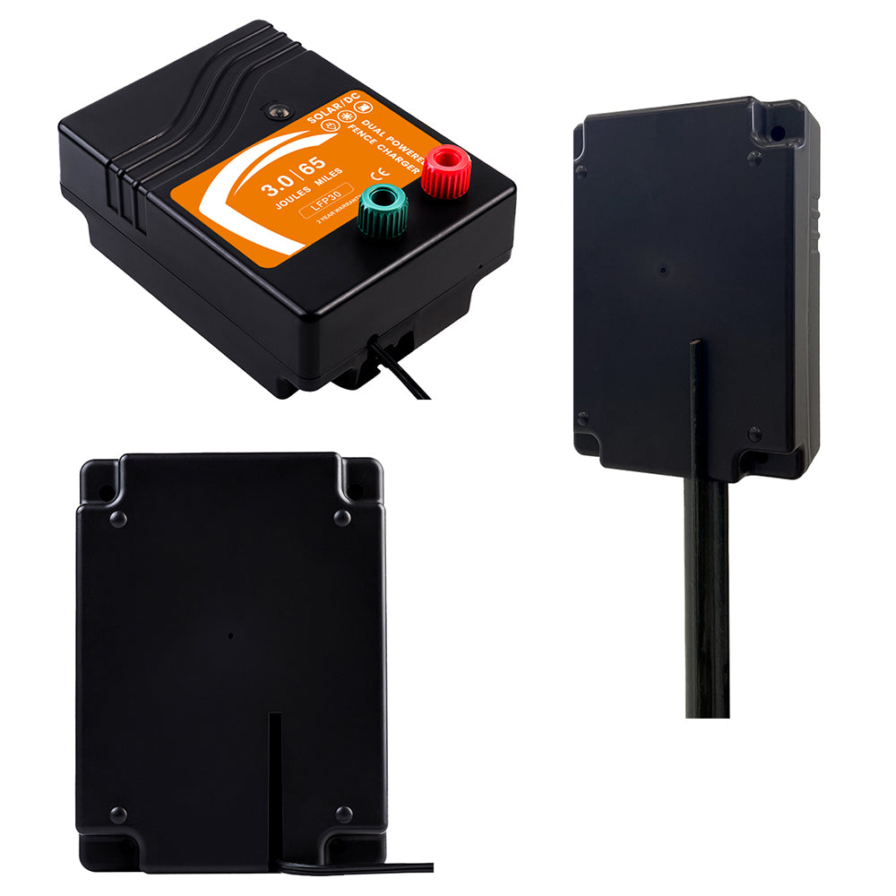 Electric Fence Charger – 3.0 Joule Dual DC/Solar Powered Fence Energizer for Livestock, Cattle & Predator Control (65 Mile Range, LFP 30 Technology)