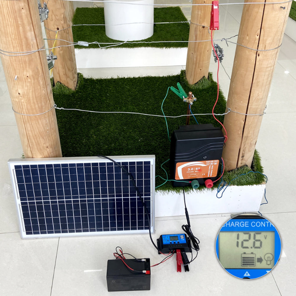 Electric Fence Charger – 3.0 Joule Dual DC/Solar Powered Fence Energizer for Livestock, Cattle & Predator Control (65 Mile Range, LFP 30 Technology)