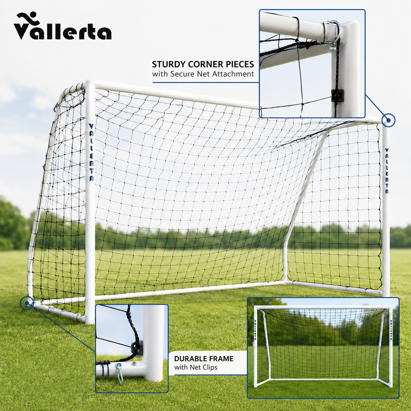 Vallerta 60mm Fixed-Frame Steel Soccer Goal, Black HDPE Quick Clip Net, All Weather (multiple sizes)