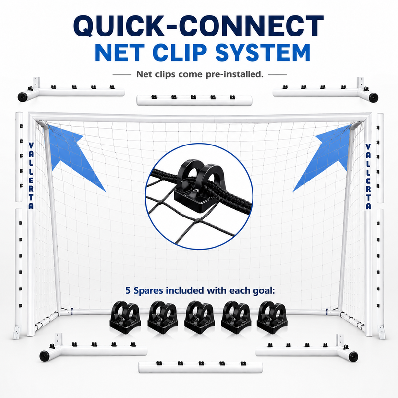 Vallerta 60mm Fixed-Frame Steel Soccer Goal, Black HDPE Quick Clip Net, All Weather (multiple sizes)