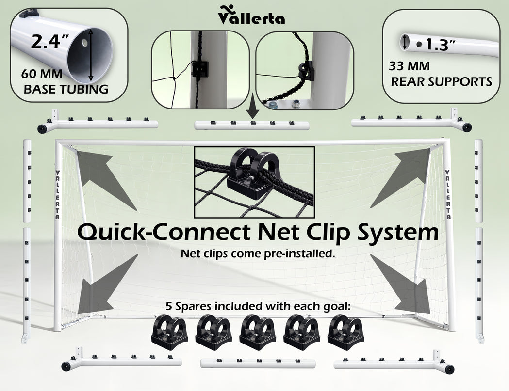 Vallerta 60mm Folding Steel Soccer Goal, Flat Fold Frame, Black HDPE  Quick Clip Net, All Weather (multiple sizes)