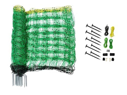 Electric Fence Netting for Livestock – 126cm x 50m Portable Electric Mesh Fence with Fiberglass Posts & Steel Spikes