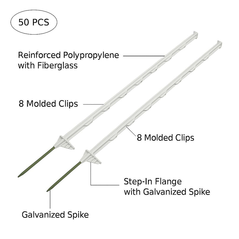 50-Pack 48" Step-in Fence Posts with Clips – Reinforced Poly & Galvanized Steel Spike for Electric Fence Wire & Tape (Livestock, Garden, Farm Use)