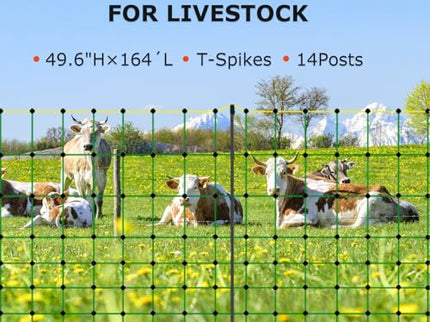Electric Fence Netting for Livestock – 126cm x 50m Portable Electric Mesh Fence with Fiberglass Posts & Steel Spikes