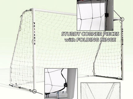 Vallerta Folding Steel Soccer Goal - Flat-Fold Hinged Frame for Easy Storage, Pre-Installed Quick-Clip Net System & Black HDPE Net. Multiple Sizes (7x5, 10x6, 12x6, 16x7, 18x7)
