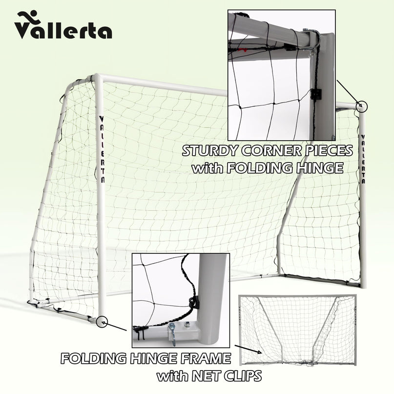 Vallerta Folding Steel Soccer Goal - Flat-Fold Hinged Frame for Easy Storage, Pre-Installed Quick-Clip Net System & Black HDPE Net. Multiple Sizes (7x5, 10x6, 12x6, 16x7, 18x7)