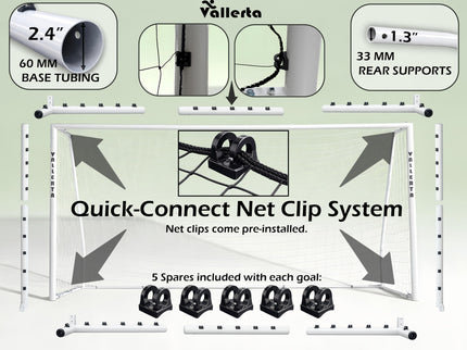Vallerta Folding Steel Soccer Goal - Flat-Fold Hinged Frame for Easy Storage, Pre-Installed Quick-Clip Net System & Black HDPE Net. Multiple Sizes (7x5, 10x6, 12x6, 16x7, 18x7)