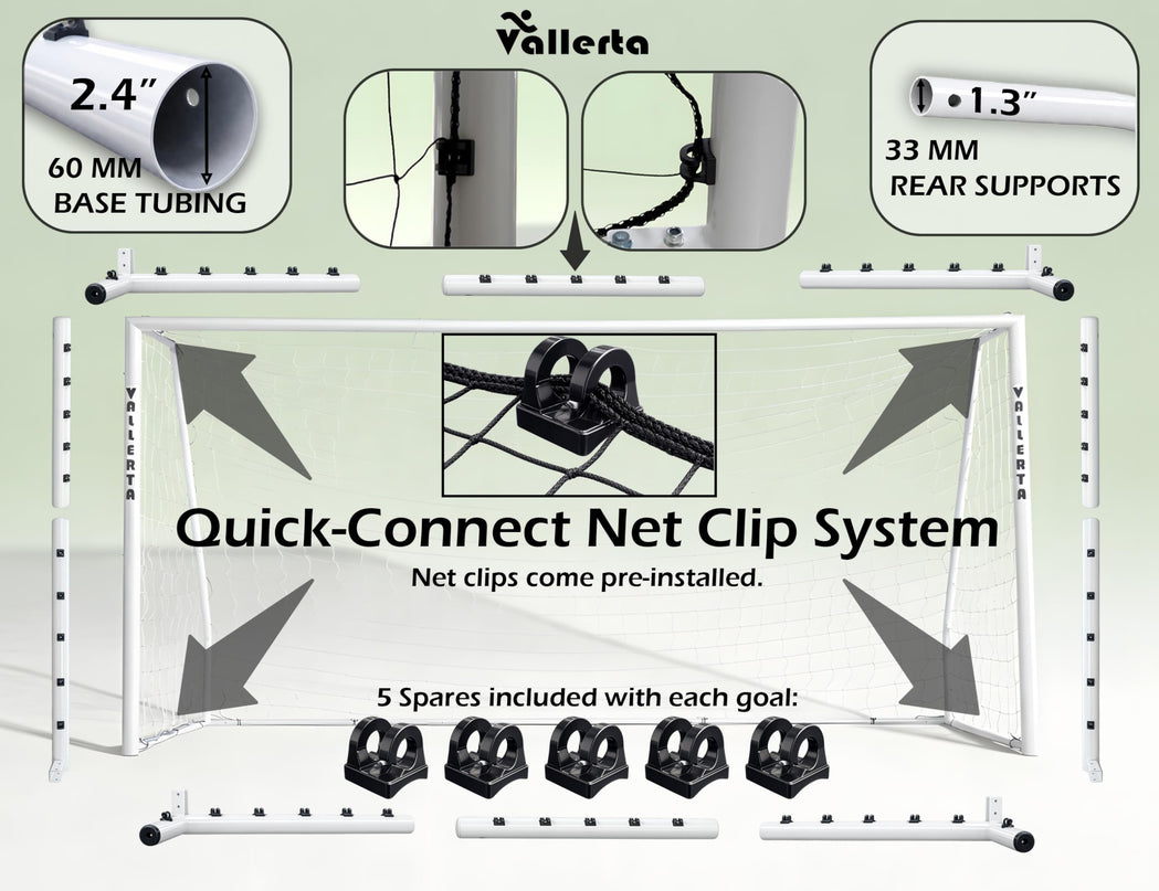 Vallerta Folding Steel Soccer Goal - Flat-Fold Hinged Frame for Easy Storage, Pre-Installed Quick-Clip Net System & Black HDPE Net. Multiple Sizes (7x5, 10x6, 12x6, 16x7, 18x7)