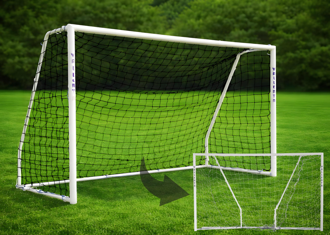 Vallerta Folding Steel Soccer Goal - Flat-Fold Hinged Frame for Easy Storage, Pre-Installed Quick-Clip Net System & Black HDPE Net. Multiple Sizes (7x5, 10x6, 12x6, 16x7, 18x7)