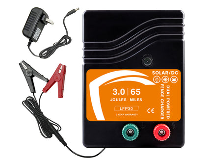 Electric Fence Charger – 3.0 Joule Dual DC/Solar Powered Fence Energizer for Livestock, Cattle & Predator Control (65 Mile Range, LFP 30 Technology)