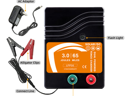 Electric Fence Charger – 3.0 Joule Dual DC/Solar Powered Fence Energizer for Livestock, Cattle & Predator Control (65 Mile Range, LFP 30 Technology)