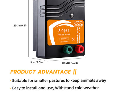 Electric Fence Charger – 3.0 Joule Dual DC/Solar Powered Fence Energizer for Livestock, Cattle & Predator Control (65 Mile Range, LFP 30 Technology)