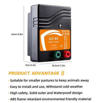 Electric Fence Charger, 3.0 Joules, 65 Miles Range, Dual DC/Solar Powered, LFP 30, Predator Deterrent, Cattle and Livestock Containment and Protection Device