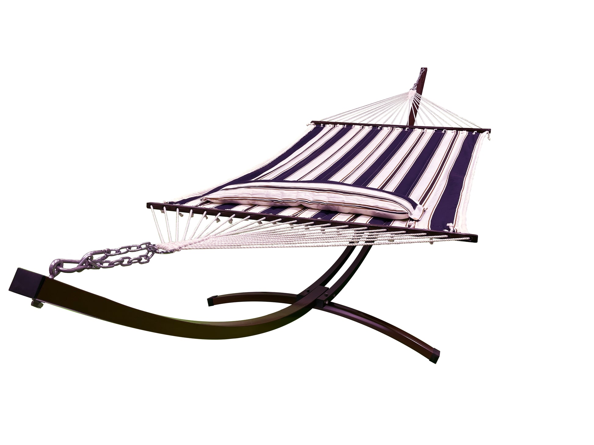Petra Leisure® 15Ft. Brown Arc Stand w/Blue & White Stripe Hammock Bed.