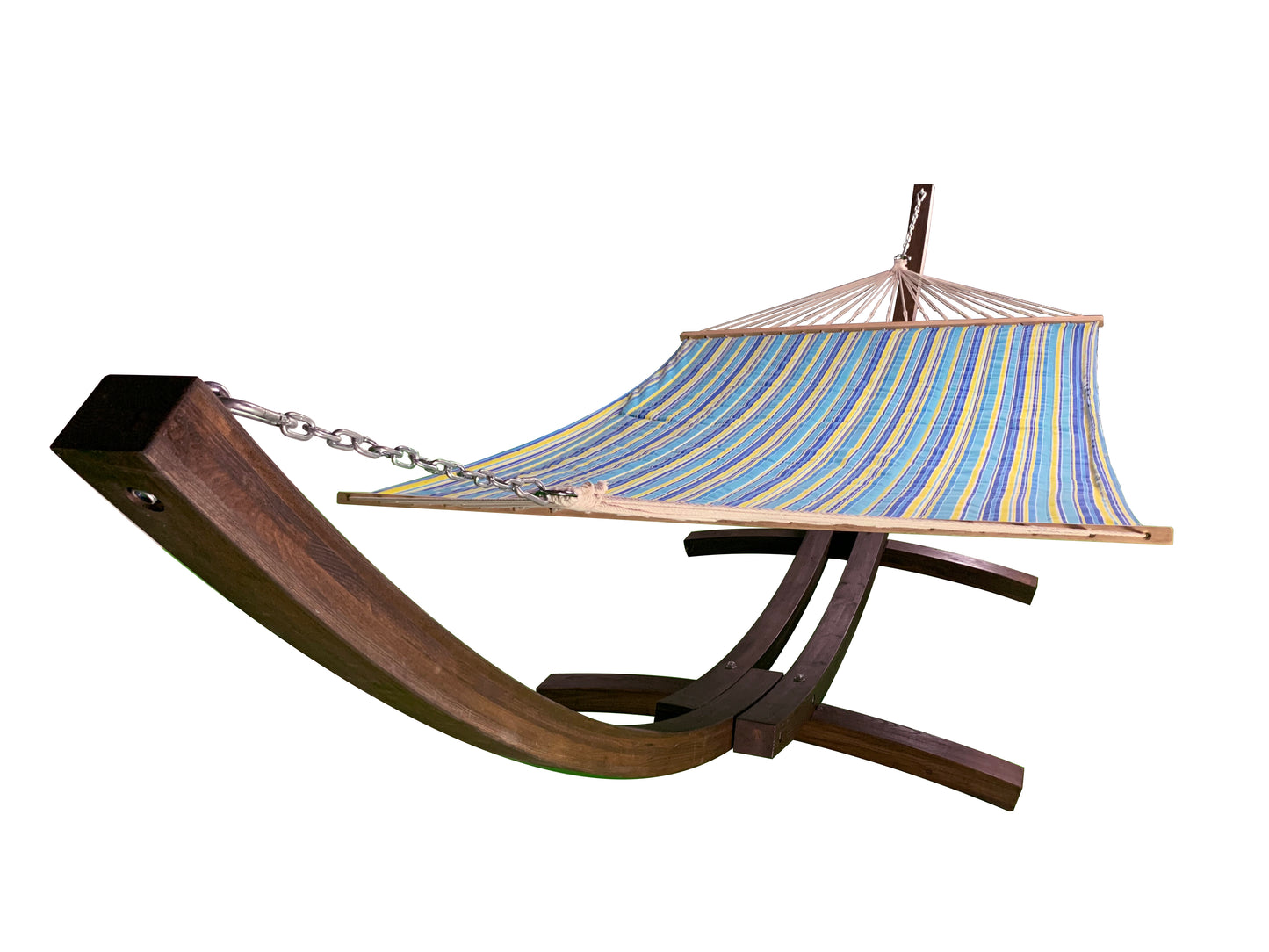 Petra Leisure® 14Ft. Coffee Arc Hammock Stand w/Teal & Yellow Stripe Bed.