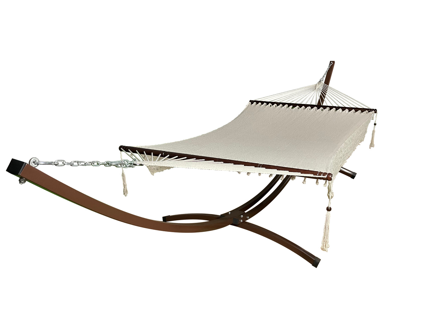 Petra Leisure® 15Ft Brown Steel Arc Stand w/Beige Rope Hammock Bed.